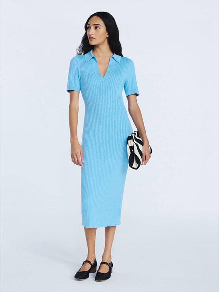 Ribbed Polo Midi Dress In Light Blue